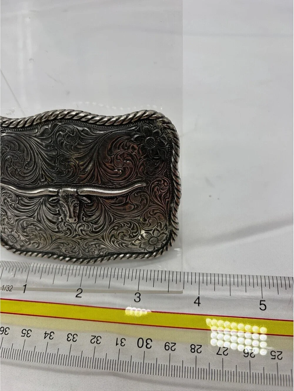 Longhorn Belt Buckle Silver Floral Western Cowboy Rodeo Engraved Tooled Ranch